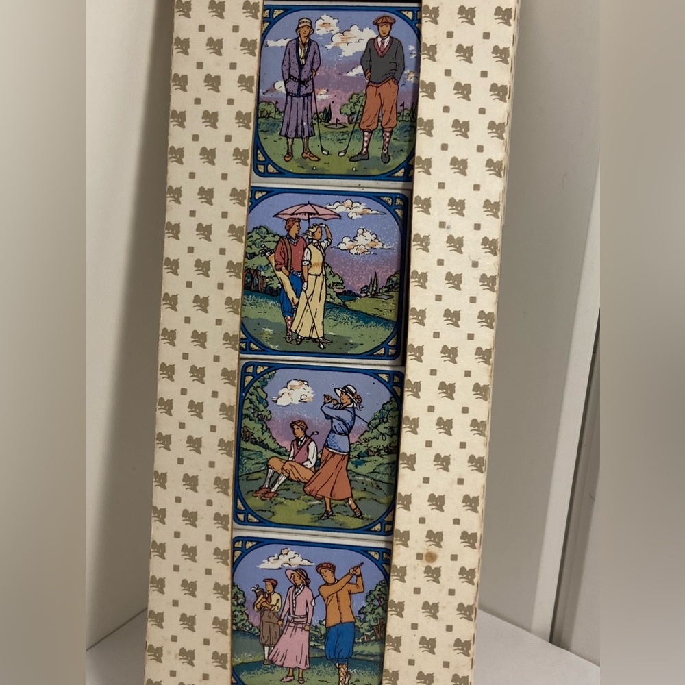 Vintage Santa Barbara Ceramic Design GOLF COUPLE Art Tile Magnets SBCD 90s SET 4